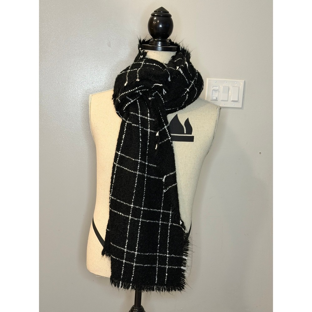 J.Crew Black White Windowpane Plaid Blanket Scarf Eyelash Fringe AC841 FA19